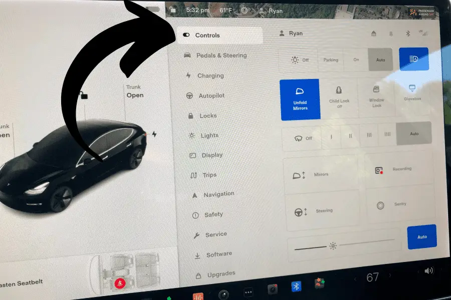 Controls Tab on Tesla touchscreen