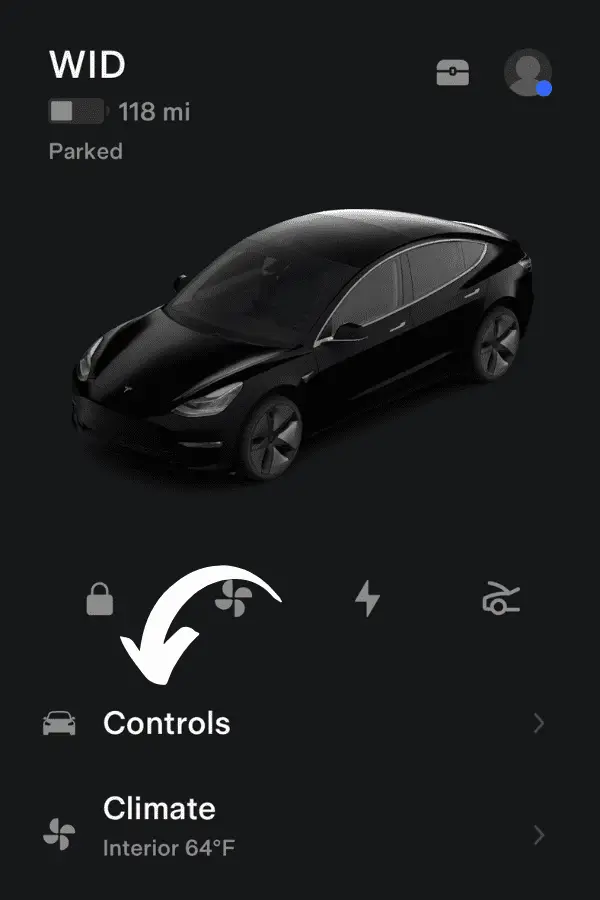 Controls Tab on the Tesla App